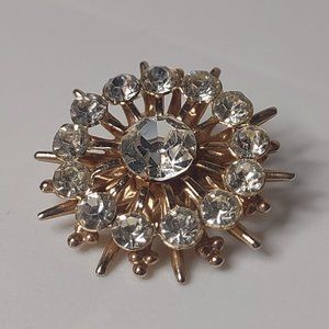 Vintage Small Metal And Clear Glass Decorative Brooch